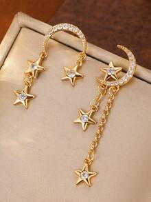 1 Par de Brincos com Pingente de Lua e Estrela, Brincos Assimétricos com Zircônias Brilhantes e Borla, Adequados para Uso Diário/Casamento/Ramadã/Férias, Presente Atencioso para Aniversário/Dia das Mães/Dia dos Namorados/Natal - Brincos de estrela e lua - Ver 8