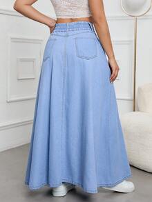 HAPPY GIRL#Spring/Summer Versatile Fashion Casual Elegant Holiday Vacation Daily Travel Front Button Washed Denim Slit Long Skirt For Women - Blue - View 7