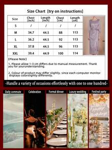 This Luxurious V-Neck Evening Gown Is Perfect For Spring/Summer Mothers. The Three-Quarter Sleeve Lace Sequined Dress Exudes Elegance, Featuring A Bow Tie Design, A Slit At The Hem, And A Back Zipper. A Stylish And High-Quality Gift For Mothers, This Dress Is Suitable For Weddings, Guest Occasions, Everyday Wear, Casual Occasions, Parties, Ceremonies, Social Events, And Birthday Celebrations. - xám tím - Xem 2