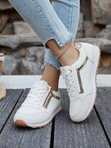 Women's Retro Style White Sneakers, Flat Casual Lace-Up Shoes, Fashion Lightweight Comfortable Trainers, Versatile For Spring/Autumn, Outdoor Sports, Decorated With Metal Trim And Side Zipper - White - View 8