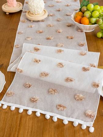 1 pieza Camino de mesa de malla transparente decorado con pompón esponjoso en blanco y negro, con flecos, estilo granja natural, ligero y rectangular, adecuado para primavera/verano, fiestas, bodas, cumpleaños y decoración del hogar diaria