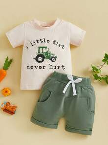 Toddler Baby Boy Summer Outfits Letter Tractor Print Short Sleeve Round Neck T-Shirt With Solid Shorts 2Pcs Casual Outfit - 杏色 - 查看 1