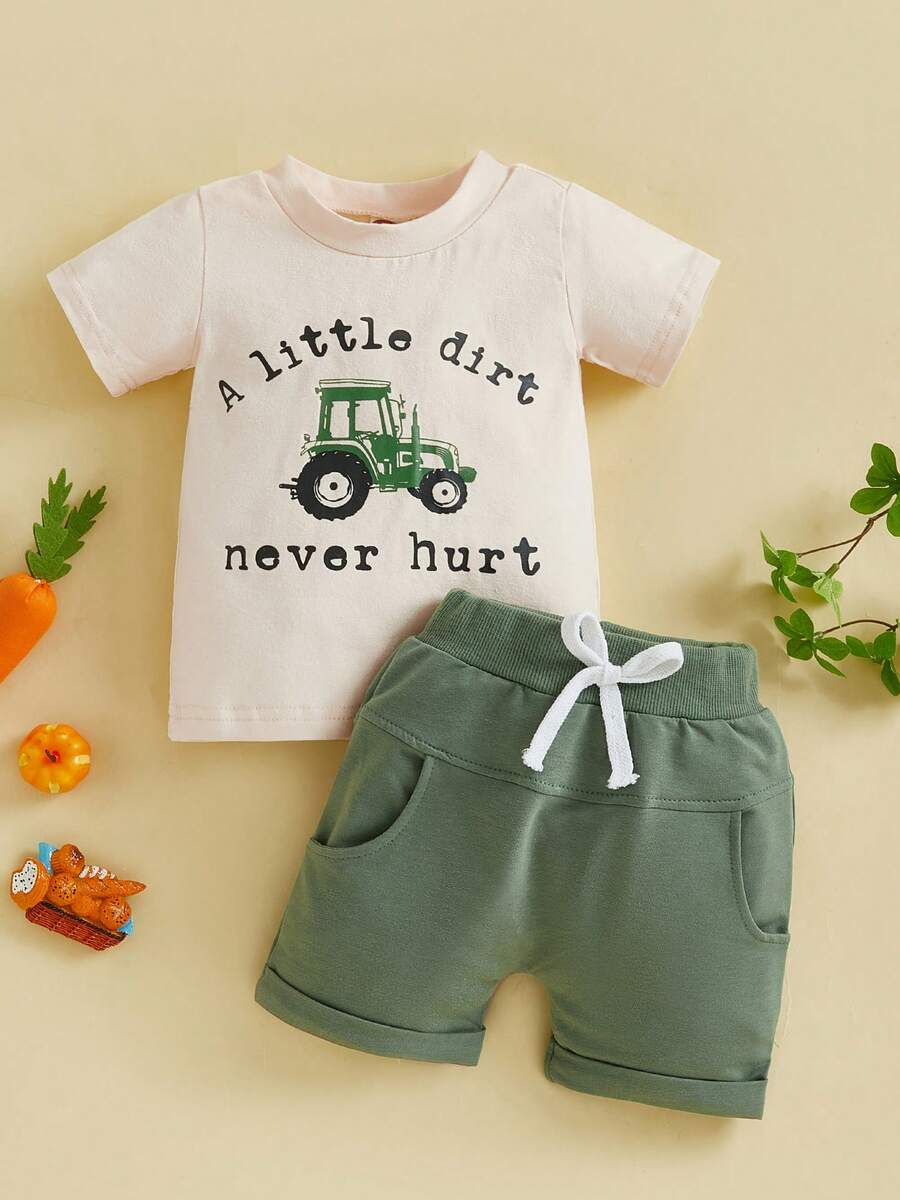 Toddler Baby Boy Summer Outfits Letter Tractor Print Short Sleeve Round Neck T-Shirt With Solid Shorts 2Pcs Casual Outfit - 杏色 - 查看 1