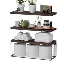 3 piezas Estantería de baño montada en la pared de madera y hierro forjado - Multicolor - Ver 7