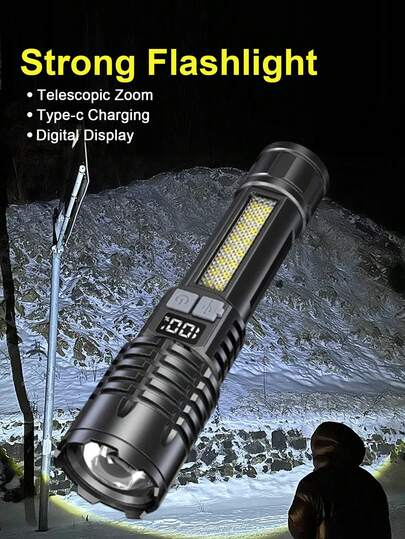 5-Mode LED Flashlight With COB Side Light, Zoom Adjustable, USB-C Charging, Suitable For Outdoor Adventure, Fishing, Camping, Travel And Emergency Scenarios, Providing Powerful Illumination For Outdoor Environments