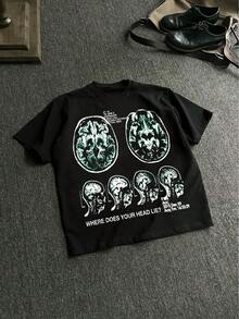 1件男士时尚印花T恤，夏季暗黑赛博朋克脑部扫描印花短袖上衣，青春休闲款 - 黑色 - 查看 3