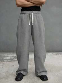 1件男士宽松休闲纯色阔腿运动裤，带抽绳腰带和大口袋，适合日常步行、工作、旅行和其他场合。 - 深灰色 - 查看 9