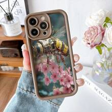 Cubierta de teléfono con diseño de robot abeja mecánica y flores de cerezo en color negro para uso diario y ocasiones creativas - Café integral - Ver 2
