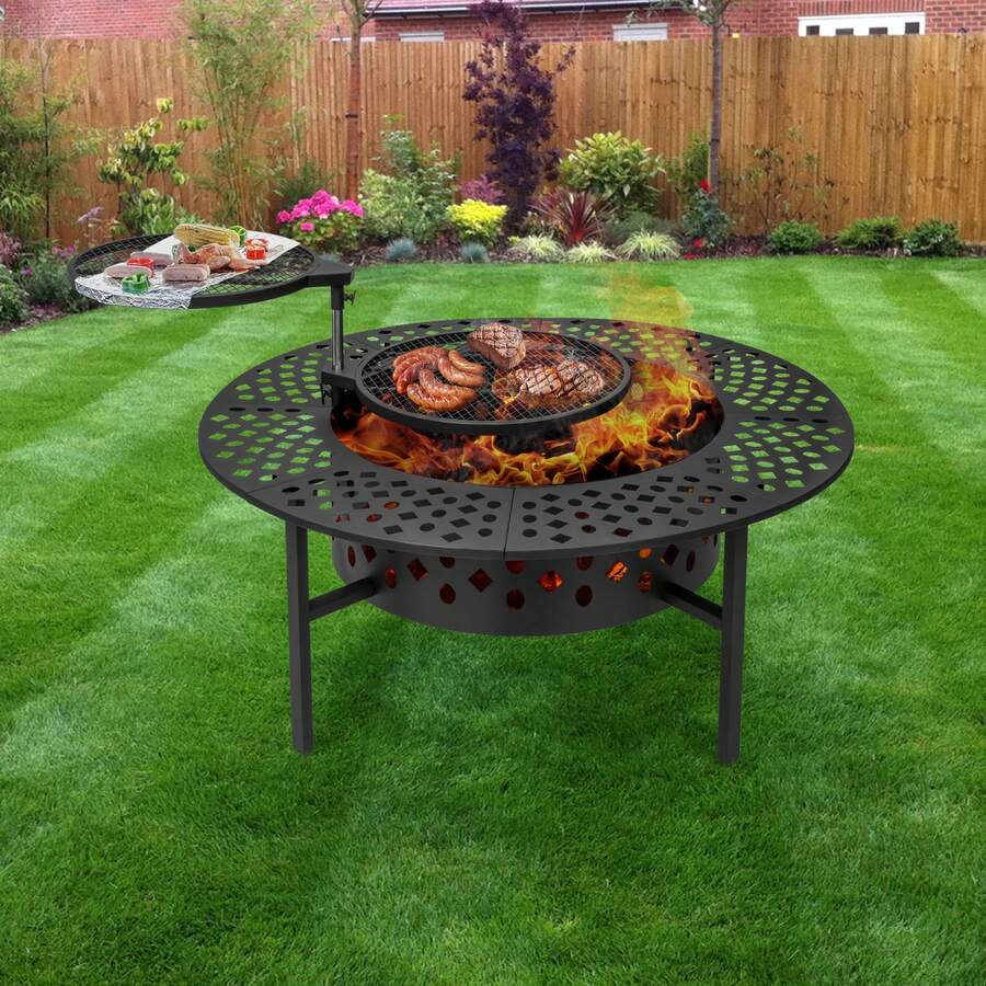 Outdoor Fire Pit Table With Grill & Side Shelf – 3-In-1 Fire Pit For Warmth, BBQ & Dining – Heavy-Duty Metal Fire Pit For Patio, Backyard, Garden Gatherings - 黑色 - 查看 1