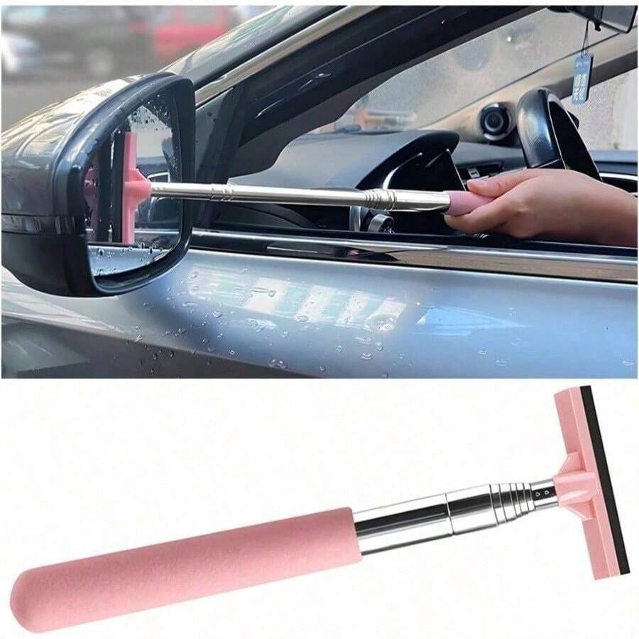 Car Rearview Mirror Wiper, Telescopic Vehicle Side Mirror Glass Squeegee With Long Rod, Retractable Portable Automotive Window Cleaning Accessories, Universal Most Pink - 粉色 - 查看 1