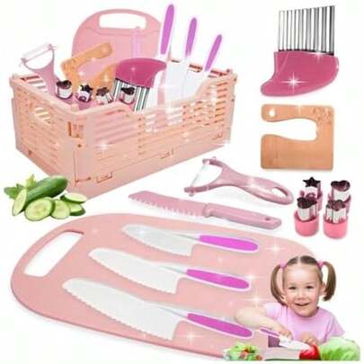 Juego de 13 Piezas Utensilios Cocina Montessori Niños con Delantal y Cuchillos Seguros | Set para Cortar Frutas, Verduras, Pasteles | Juguete Niños 3+ Años | Excelente Regalo