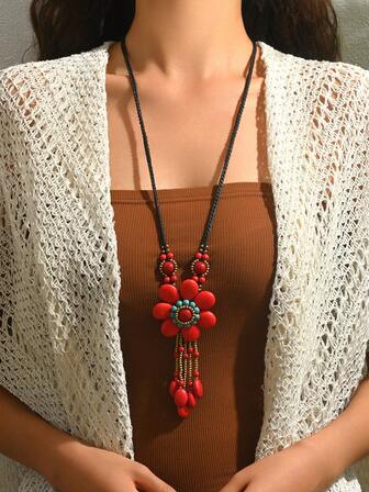 1pc Elegant Sexy Bohemian Bell, Stone, Teardrop Bead, Turquoise Bead, Gold Seed Bead DIY Handmade Flower Tassel Pendant, Asymmetrical Geometric Wave Circle Pendant With Colorful Acrylic Plate, Gold Chain Tassel Pendant Long Necklace, New Ruby Pendant Long Necklace, Women Autumn/Winter Sweater Necklace, Suitable For Daily, Party, Vacation Wear