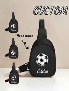 1pc Customizable Black Football Themed Backpack, With Adjustable Shoulder Straps, Lightweight Nylon Messenger Bag, Suitable For Daily Commute And Travel, Football Print Design, Zipper Closure, Everyday Backpack