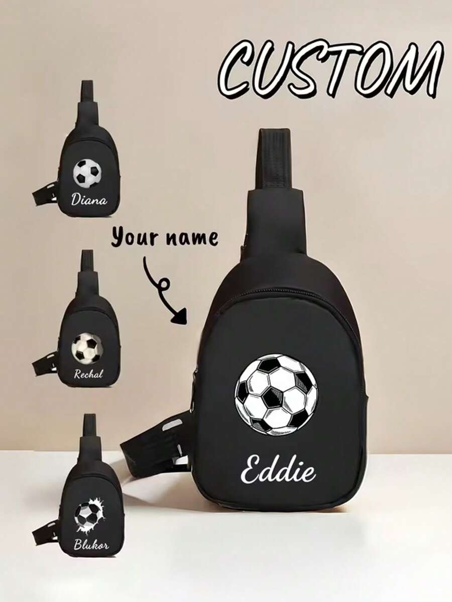 1pc Customizable Black Football Themed Backpack, With Adjustable Shoulder Straps, Lightweight Nylon Messenger Bag, Suitable For Daily Commute And Travel, Football Print Design, Zipper Closure, Everyday Backpack