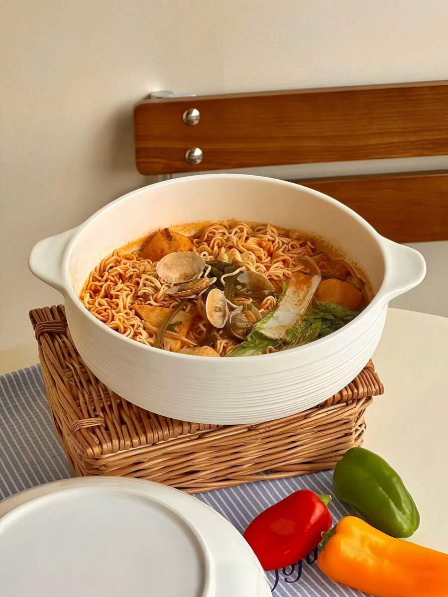 1个简约白色条纹双耳大碗，家用汤锅酸菜鱼碗，陶瓷餐具双耳大容量汤碗，水煮鱼碗，家用盛菜盘，方便面碗，客厅大容量水果盘 - 白色 - 查看 1