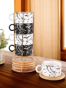 4pcs/Set Ceramic Marble Coffee Cup Set With Gold Rack, Including 4 Cups, 4 Saucers, 4 Spoons, Available In Mint Green, 180ml Capacity, Suitable For Cappuccino, Latte, And Americano