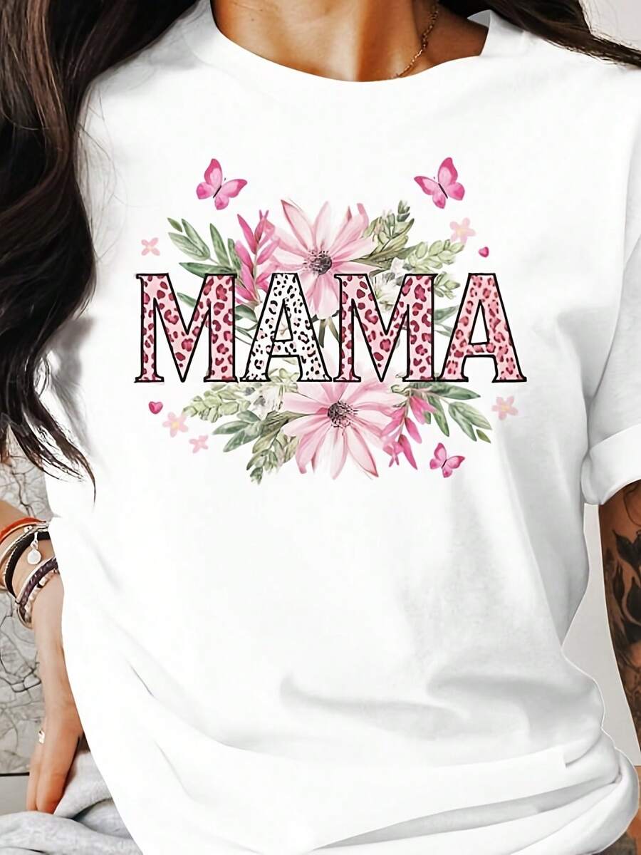 Camiseta Floral Mama, Camiseta con Estampado de Flores Rosas y Mariposas para Mamás, Idea de Regalo - Blanco - Ver 1