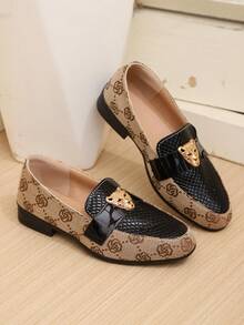 1双男童复古刺绣豹头装饰牛津鞋，时尚百搭儿童正装鞋，轻便防滑TPR橡胶鞋底，适合所有季节、学校、派对、正式场合。 - 卡其色 - 查看 6