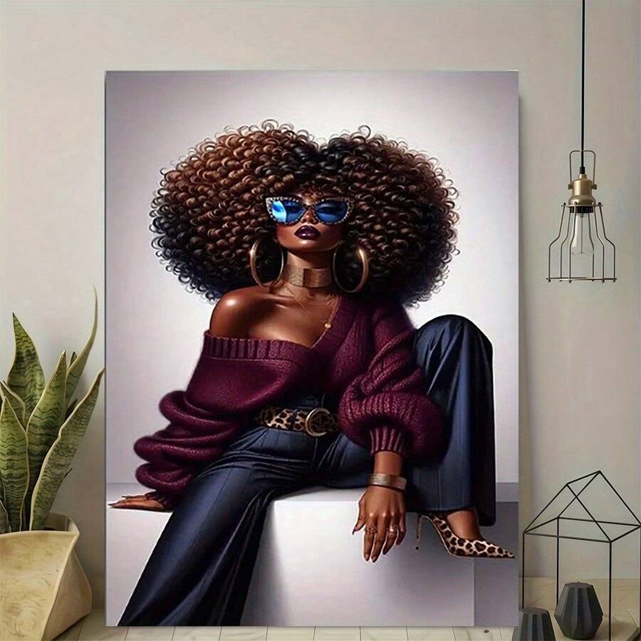 2D Flat 1pc Bold Fashion Statement:Afro Woman With Fashion Glasses And Accessories Framed Canvas Wall Art Modern Vintage Design, High Quality Printed Poster, Sexy Elegant Home Office Decor, Ready To Hang 12*16 Inches/30*40cm - 白色 - 查看 1