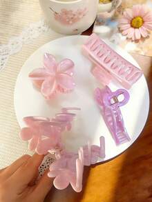 4件套女士波西米亚粉紫色大理石纹蝴蝶结花朵方形发夹，优雅百搭发饰，适合日常、休闲、派对、工作、度假、洗脸、化妆、搭配服装、情人节派对沙滩发夹 - 彩色 - 查看 2