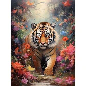 1pc Frameless Round Diamond Painting Kit - Tiger In Flowers Theme, Full Drill Diamond Art, Canvas DIY Mosaic Craft Kit With Pen, Glue, Tray, Diamond Beads. Suitable For Diamond Painting Enthusiasts, Home Wall Decor Gifts, Children's Educational Toys, Stress Relief