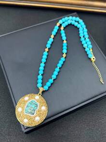 4 قطع طقم قلادة عتيقة من الفيروز مع تطعيم اللؤلؤ الطبيعي، مصنوعة يدويًا من الكريستال التشيكي