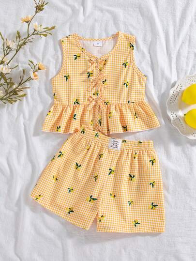 2pcs/Set Girls Casual Outgoing Fashion Patch Fruit Print Decor Bow Sleeveless Top And Shorts With Ruffle Trim, Summer