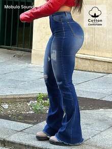 Mobula Sound 休闲优雅喇叭牛仔裤，春夏百搭时尚单品，适合休闲、度假、日常、约会、旅行、派对、机场等各种场合穿着 - 女士弹力修身喇叭牛仔裤 - 藍色 - 查看 10