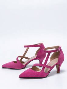 Women's Pointed Toe Stilettos Solid Color Fashion Versatile Commuting Buckle High Heel Pumps - Hot Pink - View 4