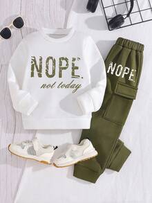 Conjunto de 2 piezas de ropa con estampado de letras y gráficos para niños pequeños. Estilo casual de ropa de calle, otoño/invierno - Verde - Ver 1