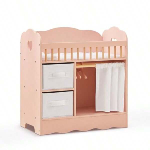 OOOK Baby Doll Crib Wooden Baby Doll Bed And Changing Table Dollhouse Furniture With Two Storage Box Bedding And Coat Hangers Nursery Playset Suitable For Dolls Under 22 Inches Pink
