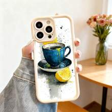 Cubierta de telefono con borde negro y diseño de taza azul con limon y salpicaduras de pintura para iPhone 14 Pro Max estilo artistico elegante para uso diario y trabajo - Café integral - Ver 4
