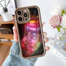 Cubierta de teléfono con borde negro diseño caja luminosa neón rojo y rosa con cadena y texto en inglés para uso diario y estilo urbano - Blanco - Ver 5