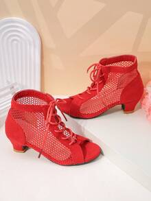 1 par de sandalias de tacón bajo con abertura en los dedos, de malla roja y cordones, para niñas mayores, transpirables, para fiestas y eventos - Rojo - Ver 4