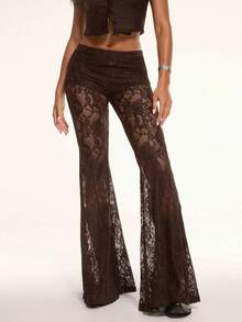 Women's Floral Lace Sheer Mesh Flare Pants Elastic High Waisted See Through Bell Long Trousers - màu nâu - Xem 2