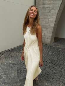 Women's Round Neck Sleeveless French Elegant Fitted Maxi Dress, Button Decor, Casual Everyday Wear, Travel & Street Style Spring - Apricot - View 6