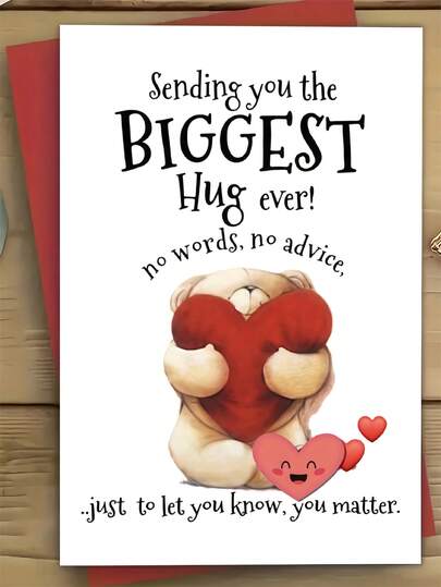 1pc Heartfelt Greeting Card With Envelope - "Sending You The Biggest Hug Ever" Message, Cute Bear & Red Heart Design, High-Quality Paper, Perfect For Birthdays, Holidays, And New Year - Express Love & Support To Loved Ones