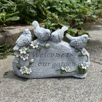 1ชิ้น รูปปั้นนกเรซิ่นสไตล์ชนบท, ป้ายตกแต่งศิลปะ "Welcome To Our Garden", ธีมธรรมชาติและกลางแจ้งวันขอบคุณพระเจ้า, ของตกแต่งบ้านแบบติดตั้งบนพื้น, ไม่ต้องใช้ไฟฟ้าหรือแบตเตอรี่