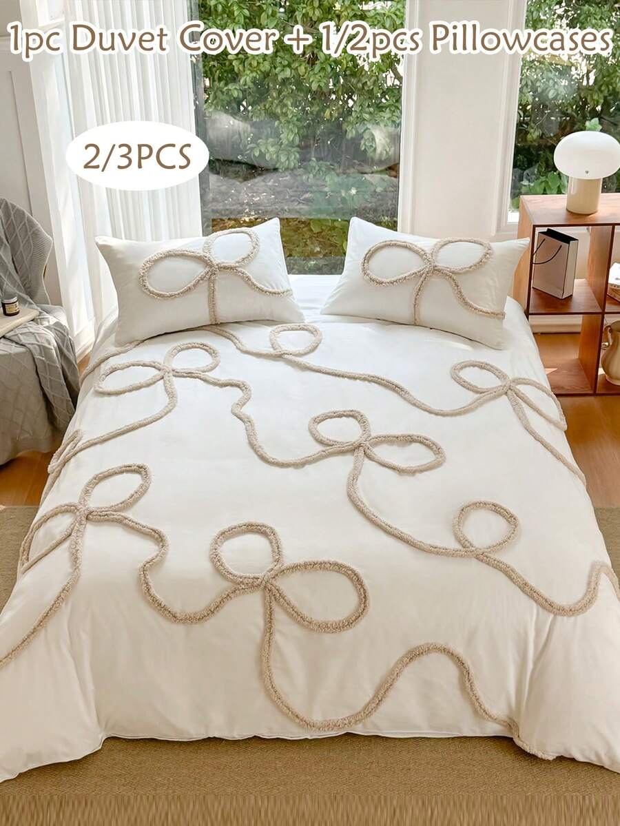 2/3件套白色蝴蝶结图案绗缝涤纶被套组，时尚现代奢华四季皆宜床上用品套装，柔软透气（1个被套+1/2个枕套，不含填充物），儿童青少年女孩床上用品套装，儿童礼物 - 白色 - 查看 1