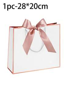 5个/1个横款牛皮纸礼品袋，带提手，饰有蝴蝶结，大容量白色纸袋，适用于万圣节、感恩节、圣诞节、新年、婚礼、生日等场合的礼品包装。 - 白粉紅色 - 查看 6