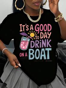 Its A Good Day To Drink On A Boat T Shirt Summer Vacation Beach Party Fun Graphic Tee For Women - 黑色 - 查看 1