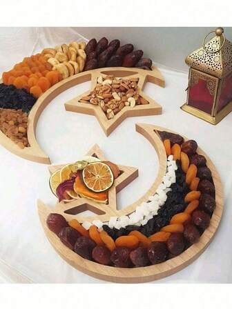 1 pieza Bandeja de madera con diseño de luna y estrellas, adecuada para decoración de reuniones en el hogar, eventos de celebración, exhibición en mesa, servir frutas y postres, así como decoración de festivales. (Feliz festival, paz)