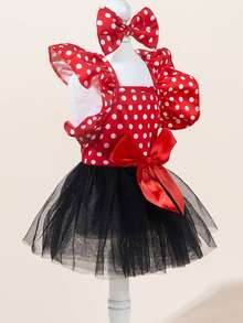Christmas Pet Costume - Red & Polka Dot Tulle Dress With Puffy Sleeves, Button Closure, Elegant Holiday Outfit For Small Dogs & Cats Adorable Red Dog Dress With Breathable Tulle Skirt - Easy-Pull Head Design For Spring Summer Outfits, Puppy Party Costume For Small Medium Large Dogs - 黑紅 - 查看 3