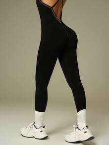 UONNOU 1pc Women's Sexy Backless Jumpsuit, Suitable For Sports, Yoga And Casual Wear. Shapewear Design, Butt Lifting, Waist & Abdomen Slimming, Full Body Shaping, High Elastic Shaping Fabric, Seamless Knitted Ribbed Soft Fabric, Suitable For Outdoor Sports, Yoga, Light Exercise, Running, Daily Casual Wear, Commuting, Street Style, Parties And Vacation - Black - View 7