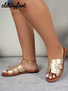 Sandalias planas con puntera cuadrada y pliegues, de estilo de verano y resort, de PU color dorado para mujer, de ajuste ancho - Dorado - Ver 3