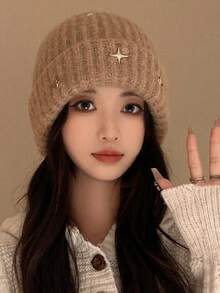 1 件装重磅缀饰兔毛和水钻无檐便帽，女士保暖厚实时尚百搭可爱针织帽，适合秋冬季 - 彩色 - 查看 14