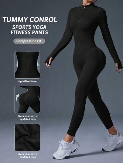 Women's Black Zipper Long Sleeve Jumpsuit, Sexy Tummy Control Butt Lift Autumn/Winter Sportswear, Winter Skiing Suit, Casual Wear, Outdoor Jogging, Cycling, Skiing And More