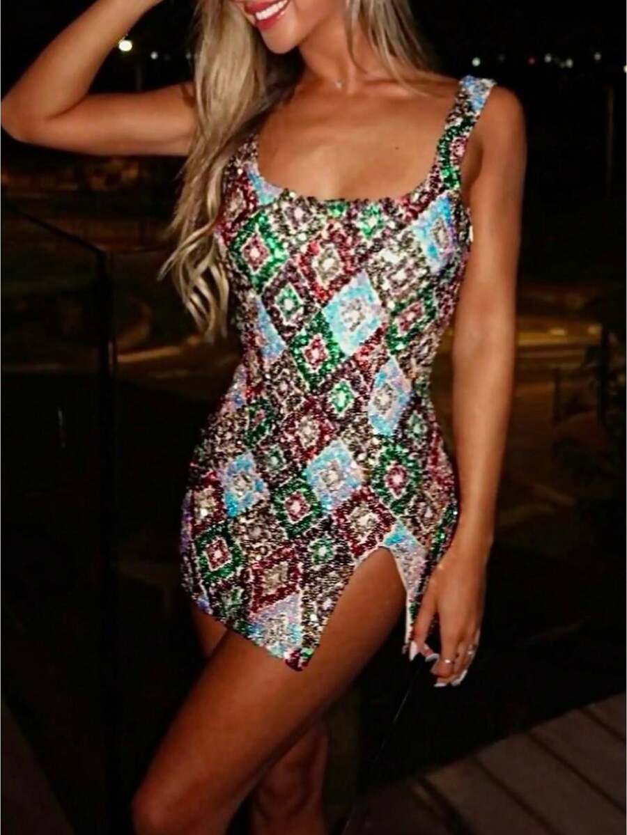 Women's Summer Sequin Dress Diamond Pattern Square Collar Shift Backless Hip Wrap Cocktail Disco Outfit Party Club Night Out Mini Dresses Vestidos De Fiesta Elegantes - 金色 - 查看 1