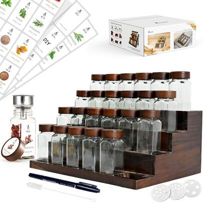 SAEIV Conjunto de 24 potes quadrados para especiarias (120 ml cada), com diversos rótulos, que podem ser colocados em pé e são ideais para gavetas. Também serve como porta-temperos para gavetas e potes de especiarias.