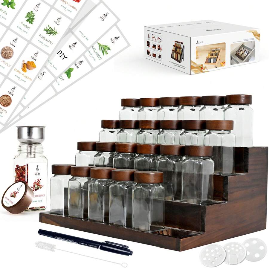 ERUIV Square Spice Jars, 2-In-1 Design With Acacia Wood Stand (FCM®) – Set Of 24 Spice Jars (120 Ml Each), Including Multiple Labels, Can Be Stood Upright And Is Suitable For Drawers – Spice Rack For Drawers And Spice Jars - 24 Spice Jars + Wooden Frame - View 1
